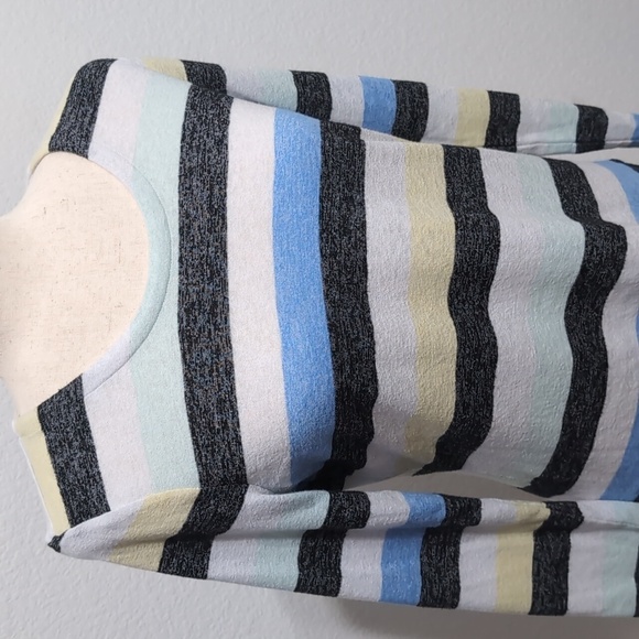 T by Talbots Striped Cut Out Back Long Sleeve Top Multicolor Blue Yellow Gray S - Picture 2 of 9